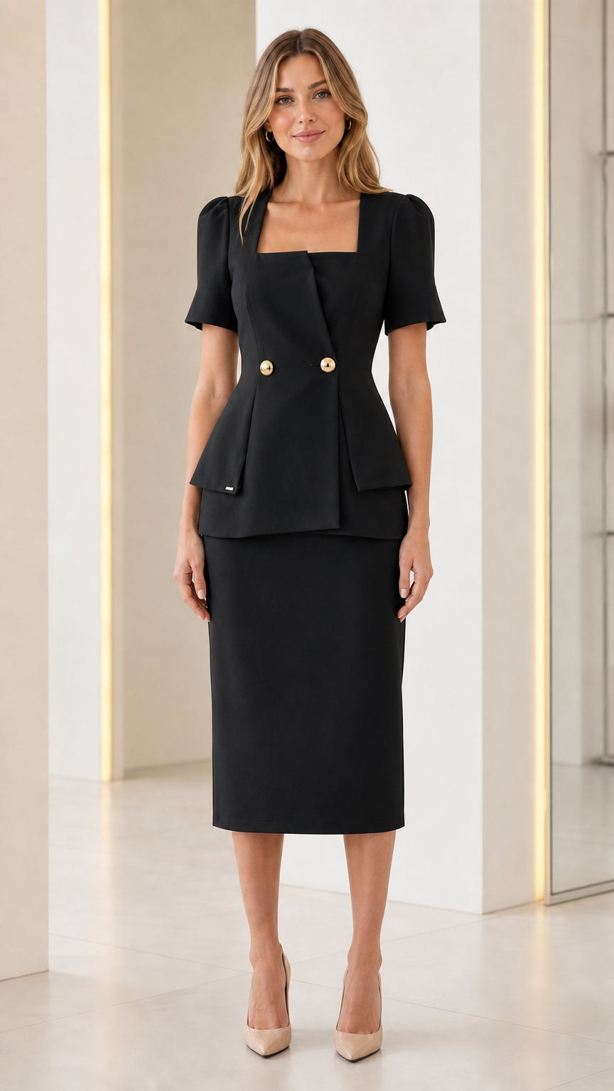 Black square neck peplum top and matching midi skirt set front view