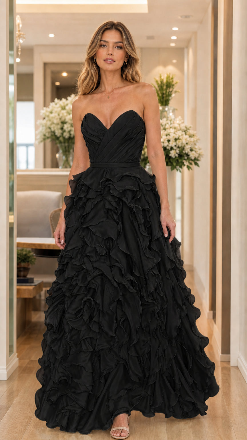 Model wearing black strapless ruffled evening dress