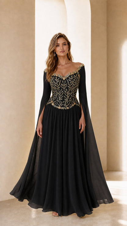 Front view of black embellished evening gown