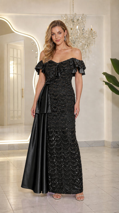 Front view of black sequin evening gown