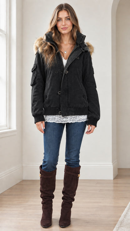 Front view of woman wearing Black faux fur hooded utility bomber jacket with jeans and boots