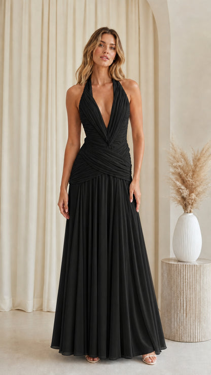 Front view of black halter plunging ruched waist pleated maxi evening dress