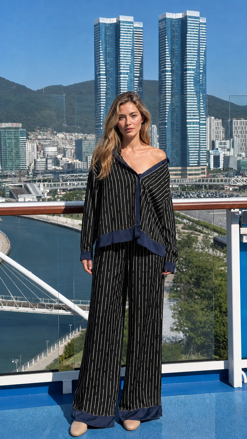 Woman wearing black striped matching set