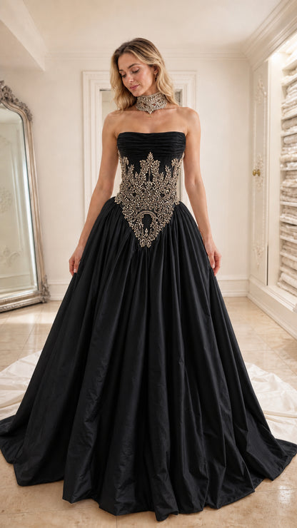 Front view of black strapless corset ball gown