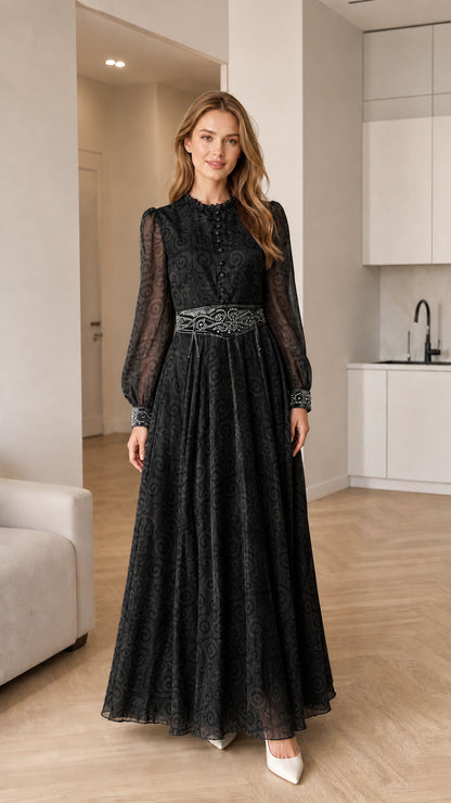 Black long sleeve jacquard maxi dress with embellished waistband