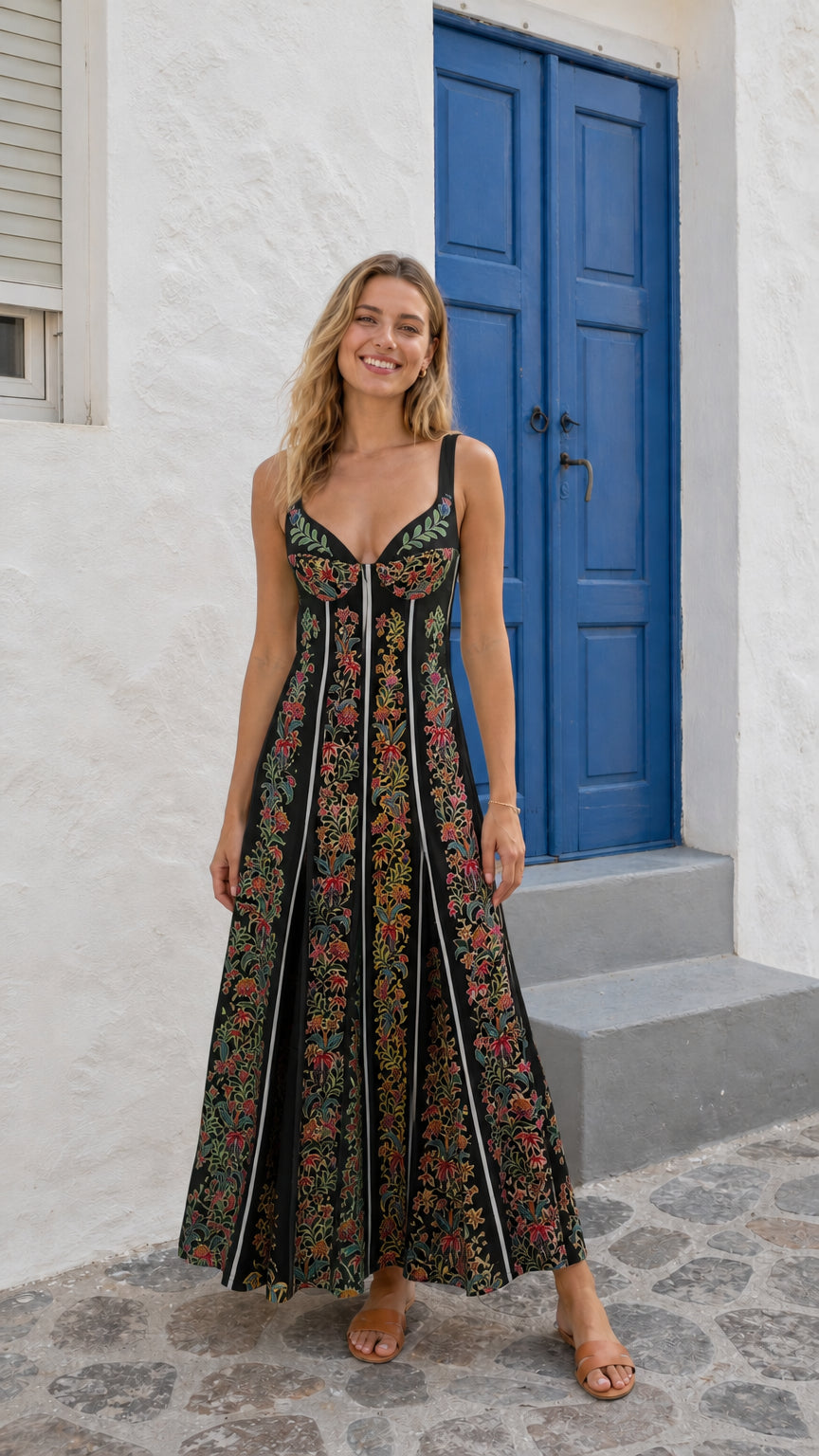 Woman wearing black floral panel maxi dress