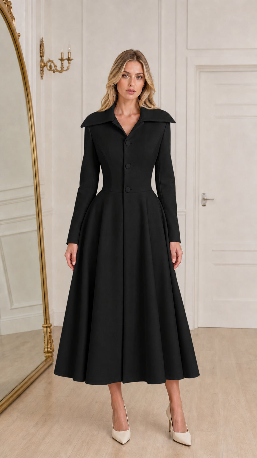 Model wearing elegant black fit and flare midi coat dress