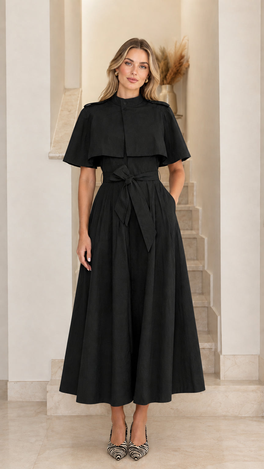 Model wearing black capelet midi trench dress with tie belt