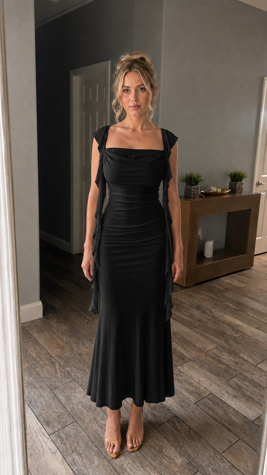 Front view of model wearing the black color variant of the maxi dress