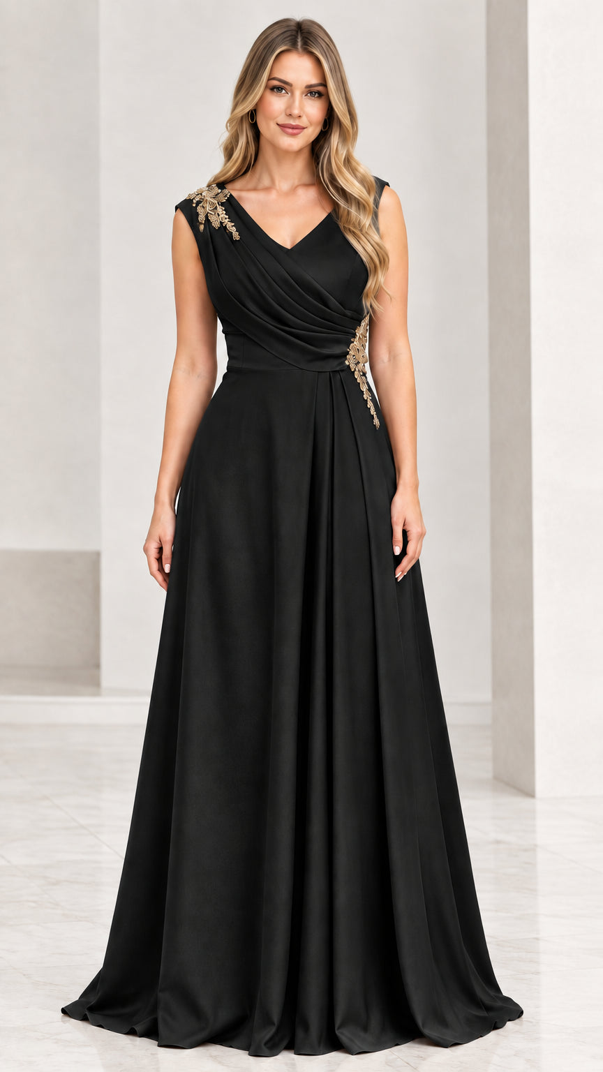 Front view of black pleated V-neck evening gown with beaded accents