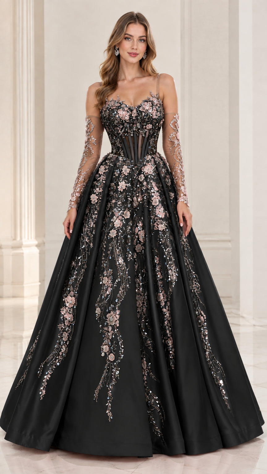 Black corset ball gown with blush floral lace details and sheer sleeves