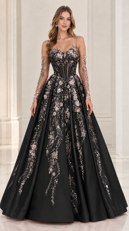 Black corset ball gown with blush floral lace details and sheer sleeves