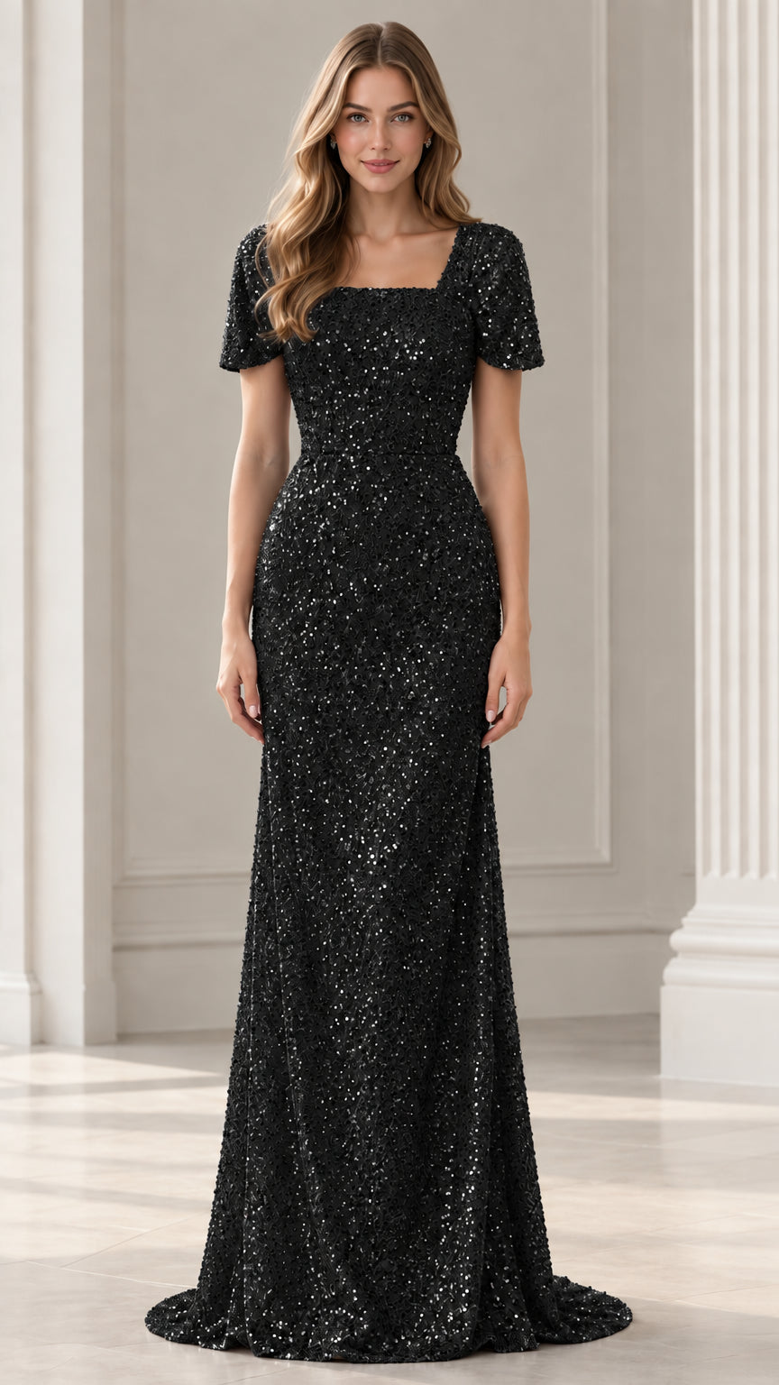 Front view of woman wearing Black short sleeve sequin evening maxi gown