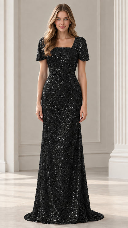 Front view of woman wearing Black short sleeve sequin evening maxi gown