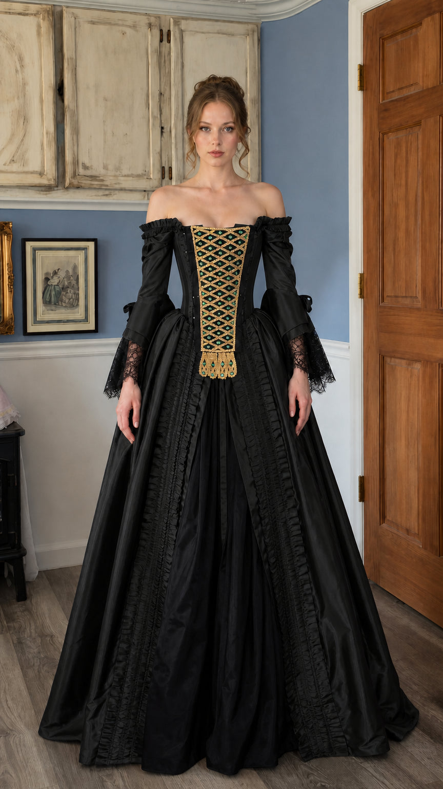 Renaissance off-shoulder black ball gown front view