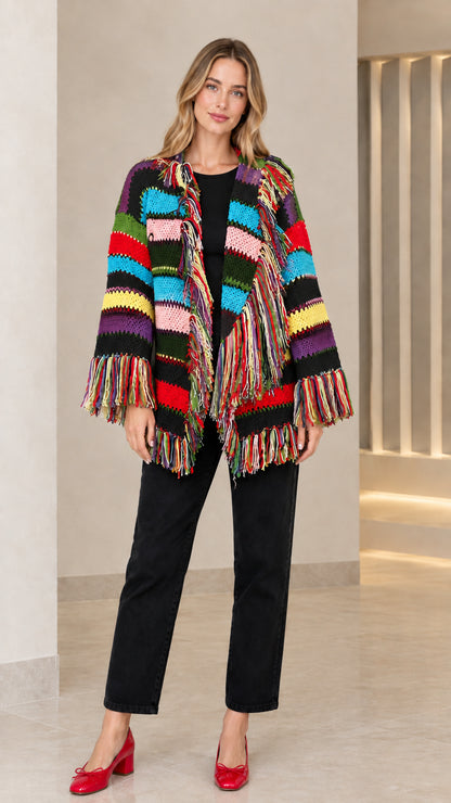 Model wearing black multicolor striped fringe knit open-front cardigan