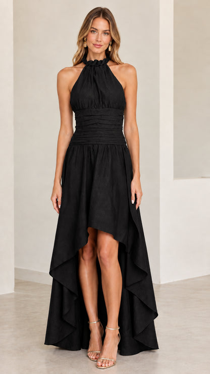 Model wearing black halter neck high-low evening party dress