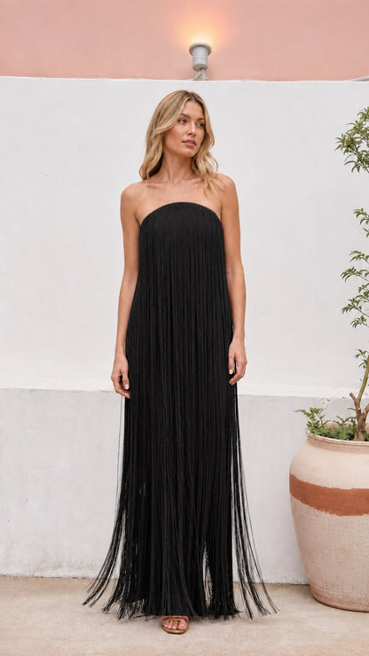 Front view of strapless fringe maxi dress in classic black