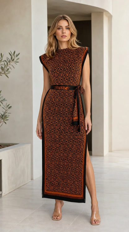 Front full-length view of Rust Brown jacquard sleeveless column dress