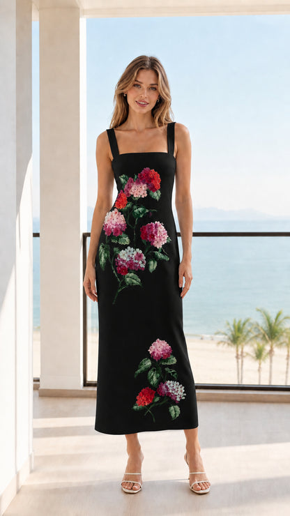 Front view of model wearing Black floral midi dress