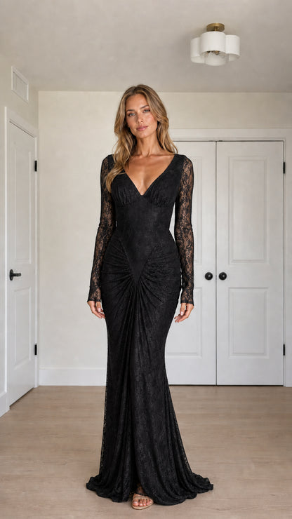 Front view of black long sleeve lace maxi dress with V-neck