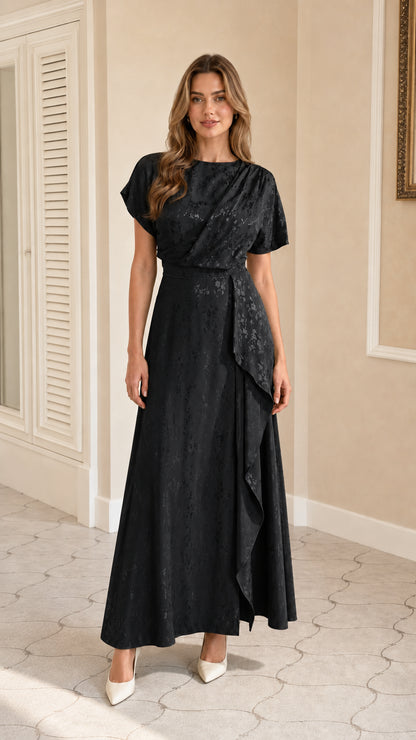 Front view of black draped ruffle maxi dress