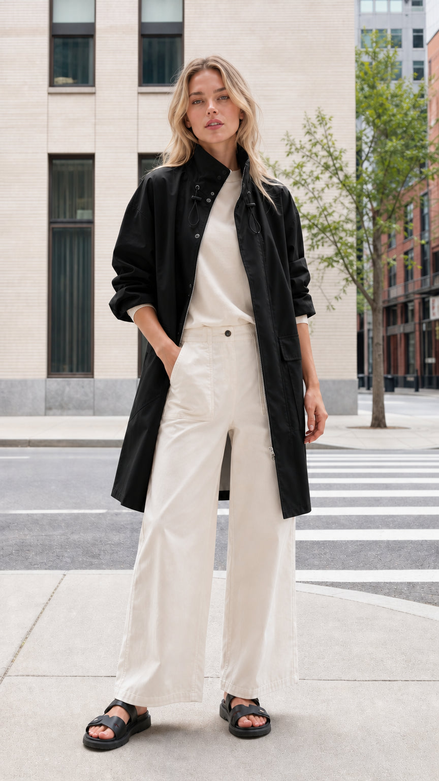Front view of woman wearing black mid-length utility parka coat