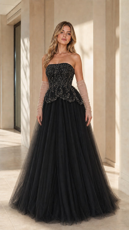 Full-length front view of the strapless beaded tulle ballgown in black