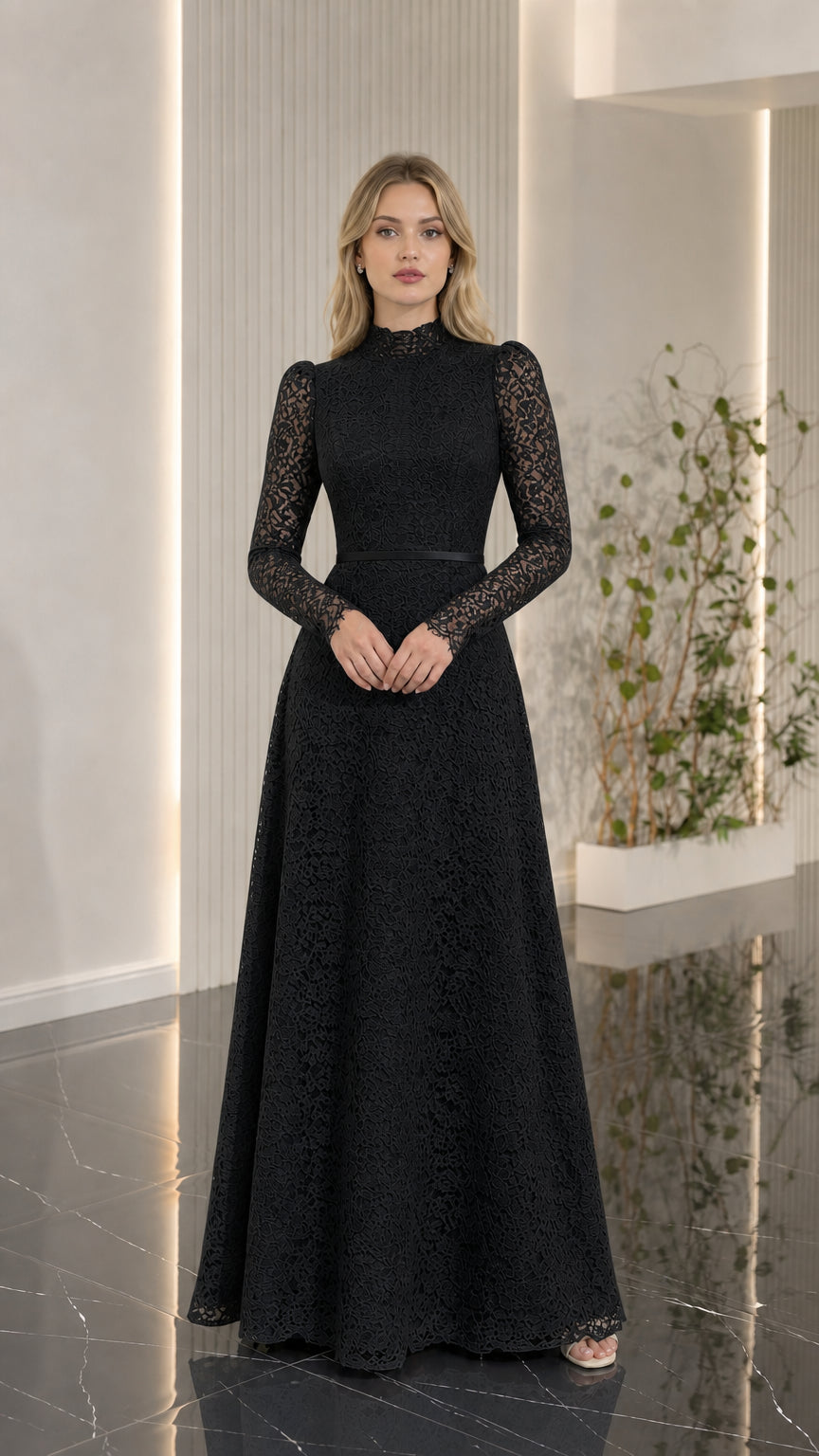Full-length view of black long sleeve lace evening dress
