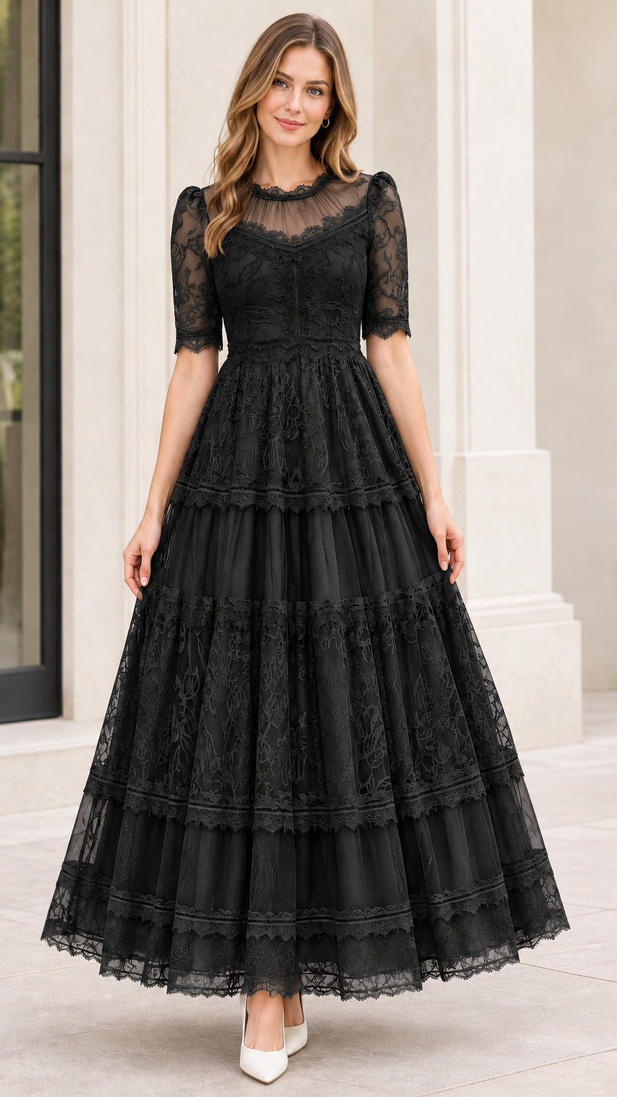 Model wearing black floral lace tiered evening maxi dress