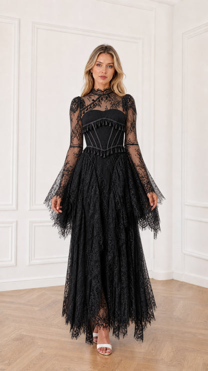 Black long sleeve lace corset maxi dress with tiered fringe skirt