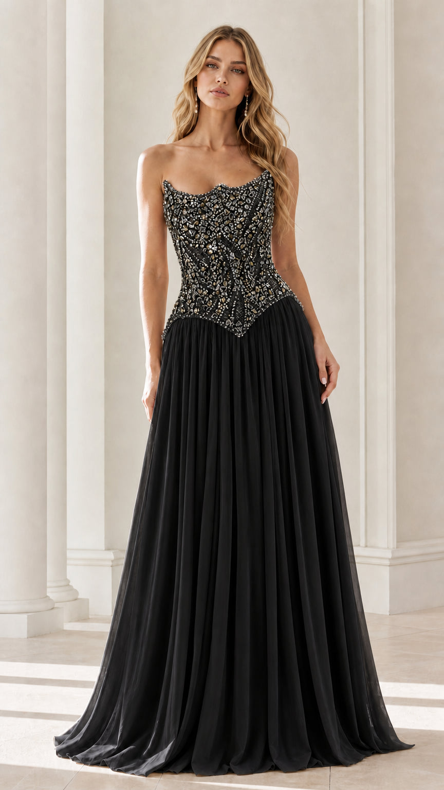 Front view of black formal evening dress