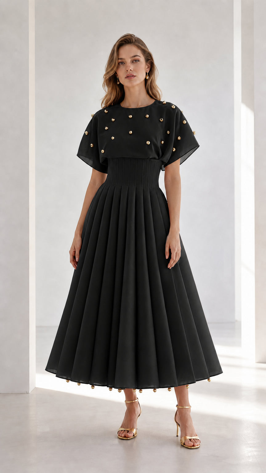 Front view of model wearing black studded pleated midi dress with flutter sleeves