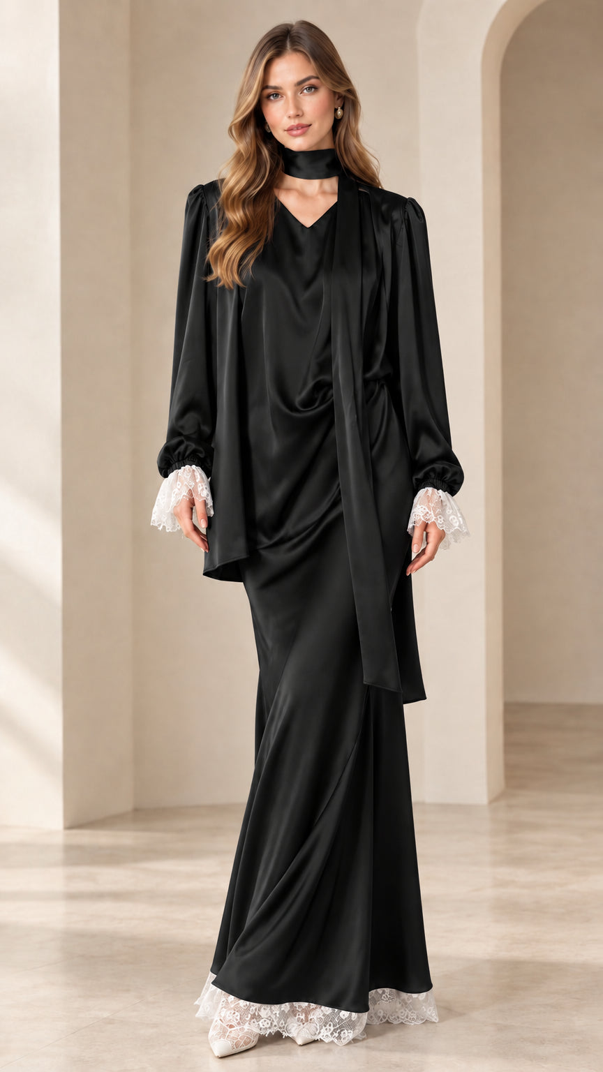 Classic Black draped satin maxi dress set with contrasting white lace trim