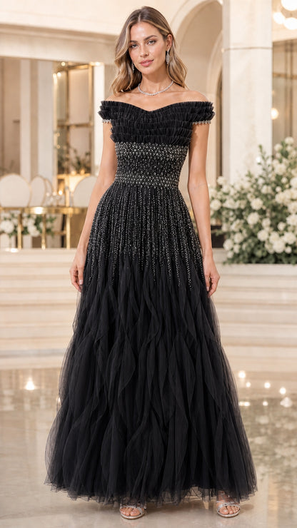 Full length view of black color variant evening gown