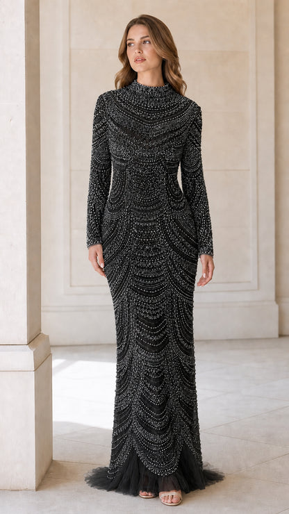 Front view of Black long sleeve beaded high neck evening gown