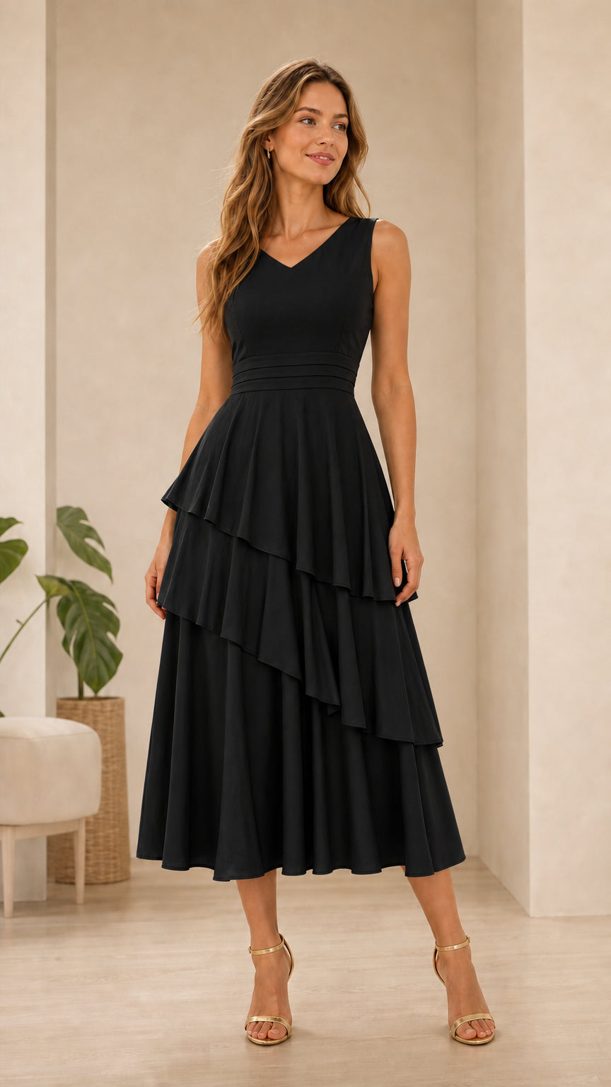 Elegance Tiered V-Neck Midi Dress in Black
