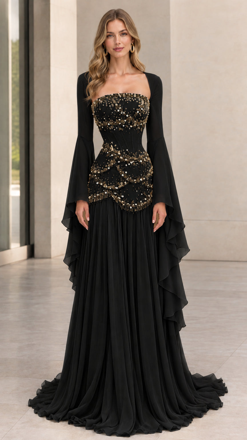 Full-length front view of black beaded corset evening gown with long bell sleeves