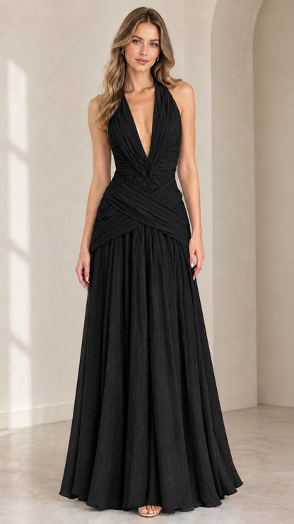 Front view of black pleated plunge halter maxi dress