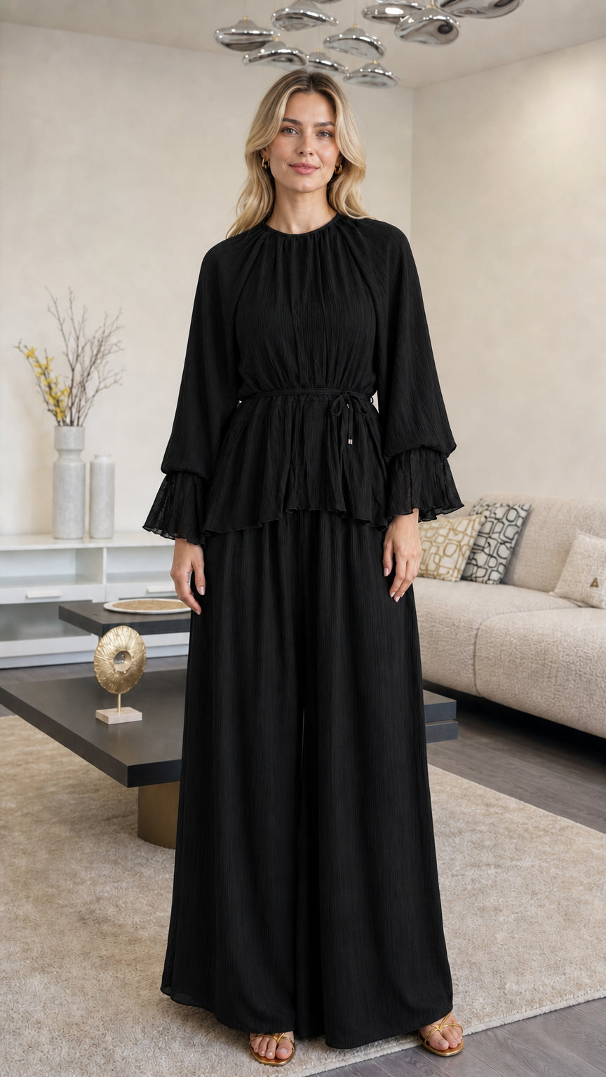 Front view of woman wearing Black pleated peplum wide leg pants set