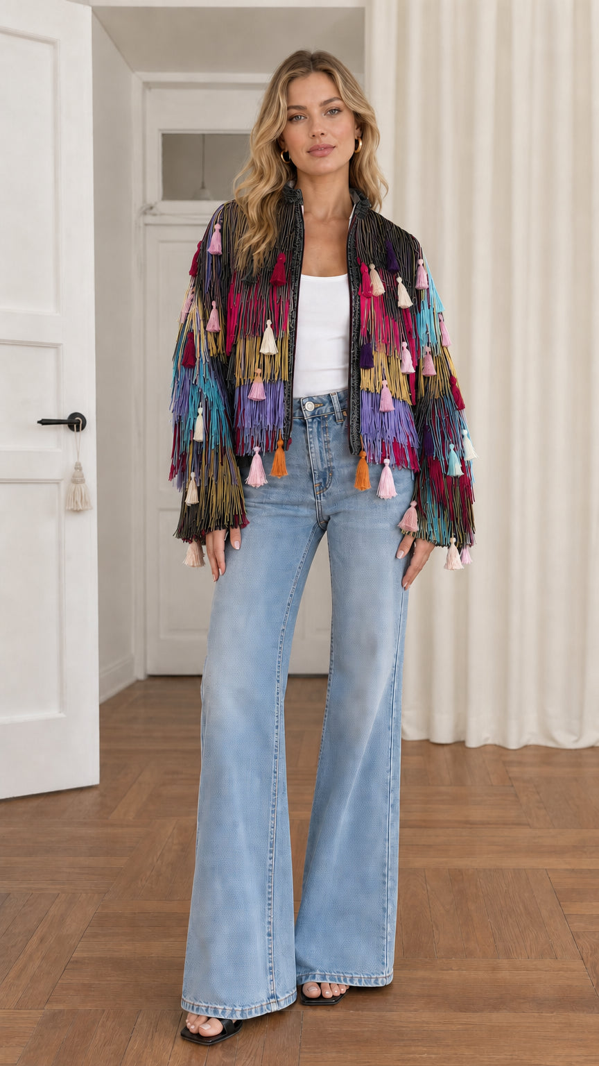 Full-length shot of model wearing black multi-tone fringe tassel jacket