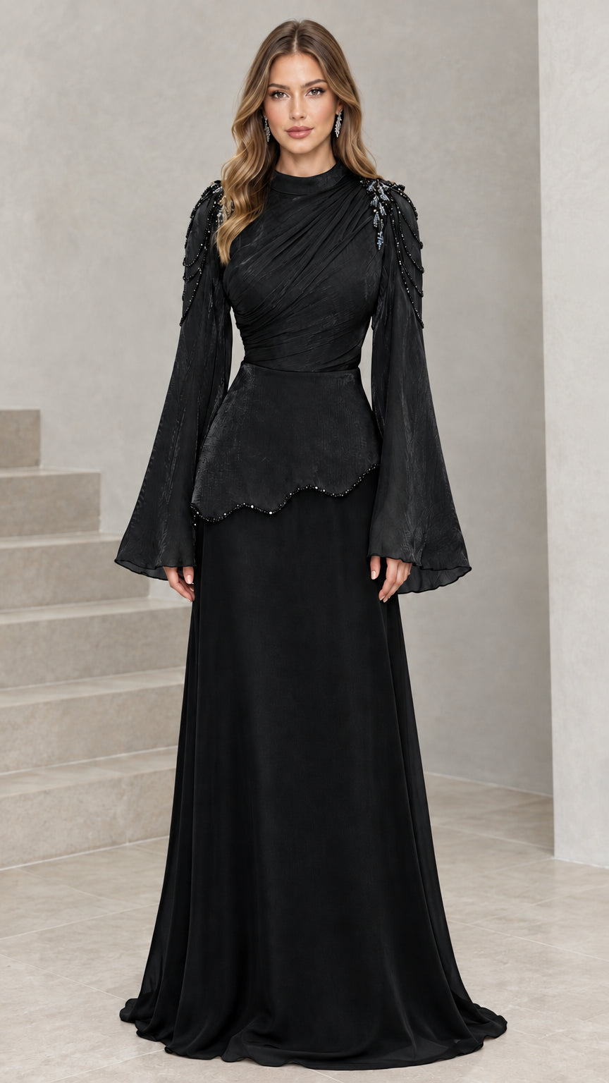 Classic Black long sleeve ruched formal maxi dress with beaded shoulder accents