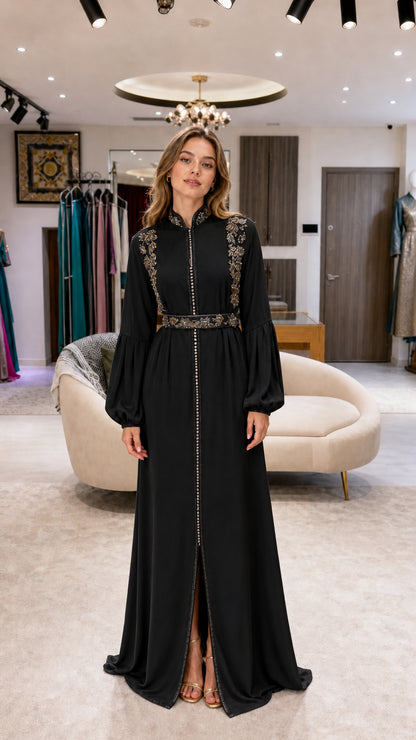Model wearing black embellished bishop sleeve kaftan maxi dress