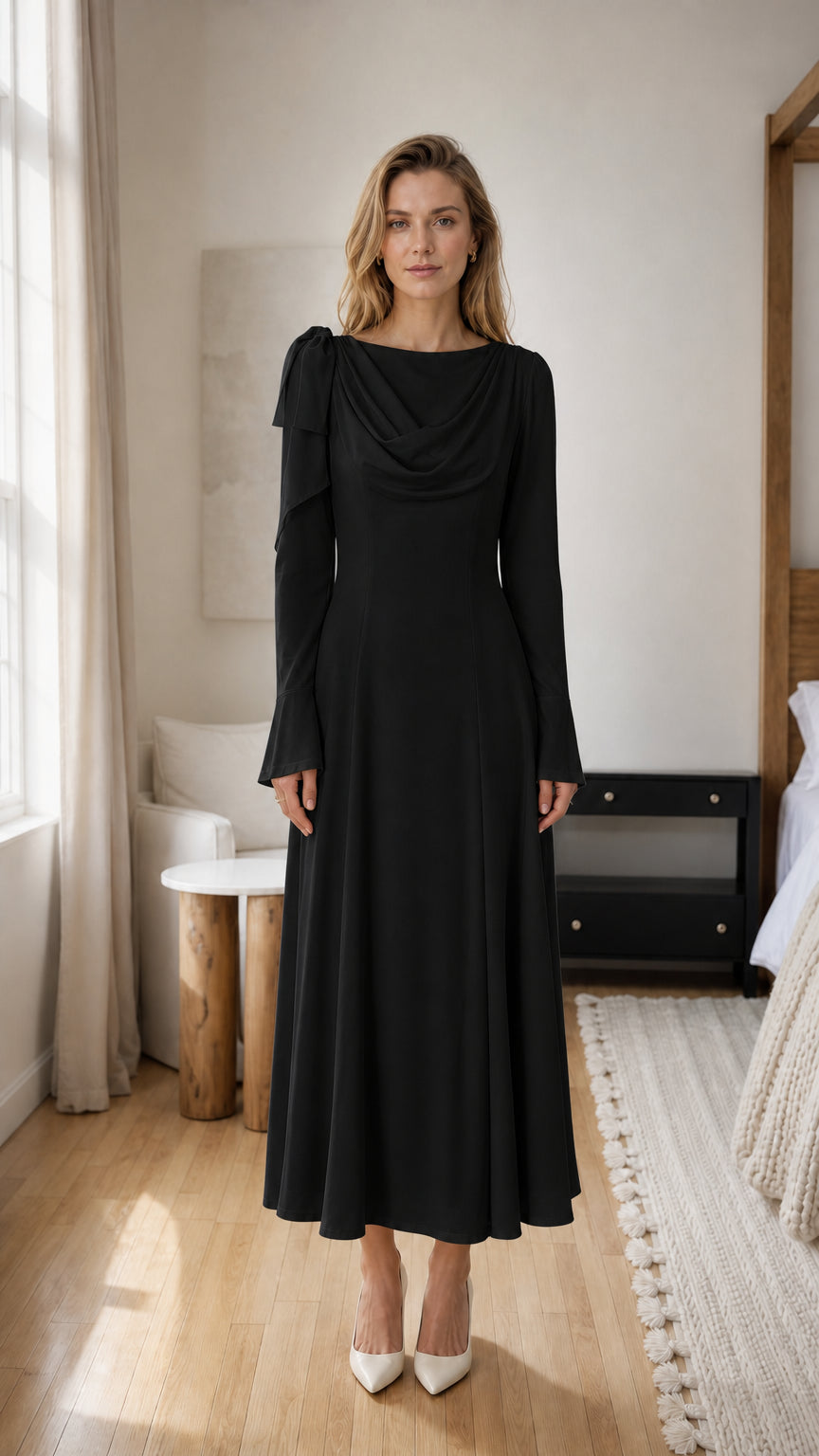 Front view of model wearing black cowl neck midi dress