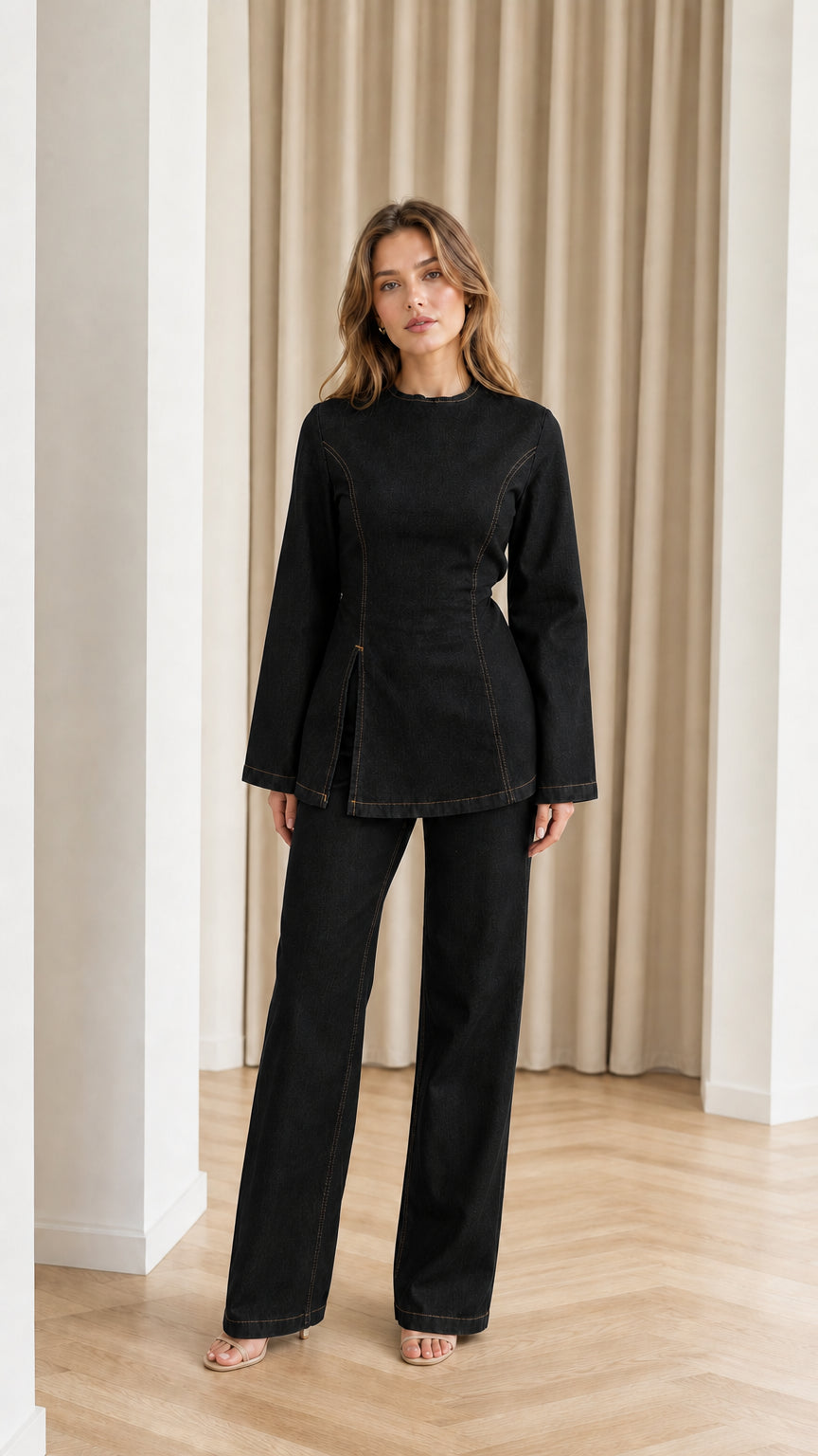 Front full-length view of model in Black contrast stitch denim pant set
