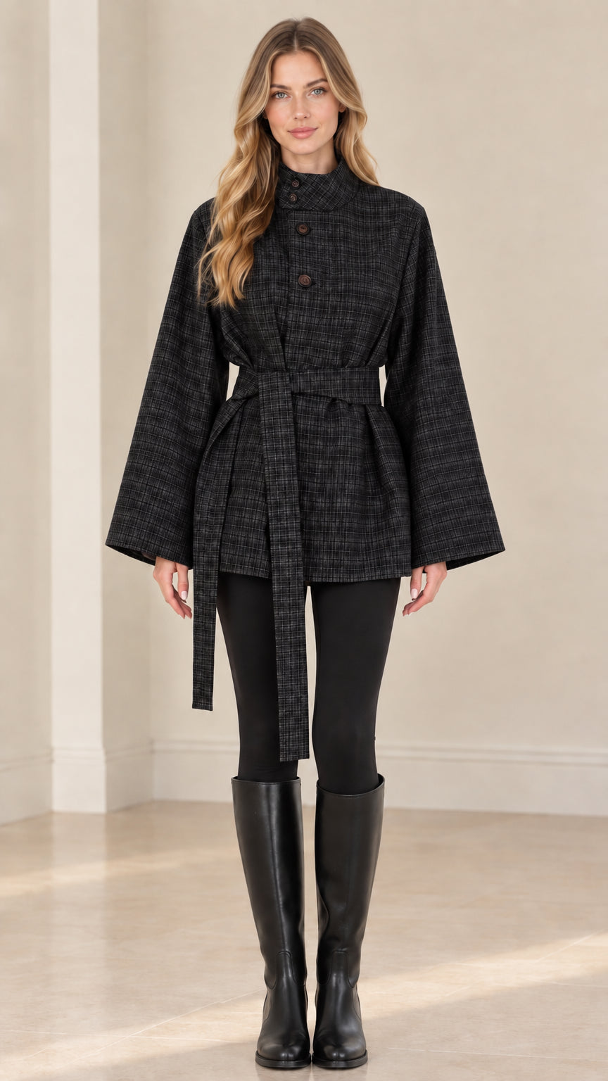 Front view of woman wearing black plaid belted cape jacket