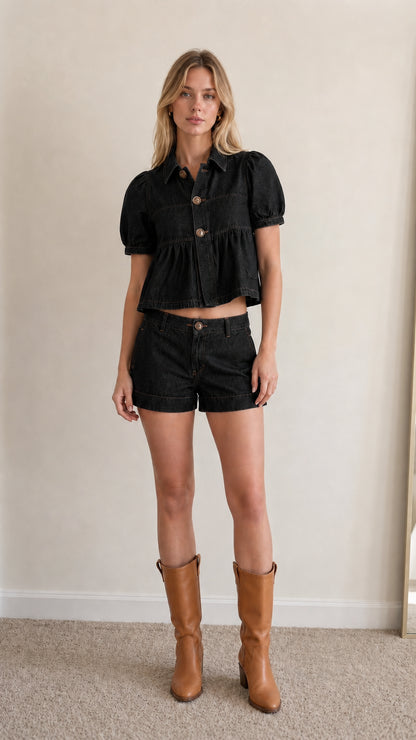 Model wearing black denim two-piece matching set