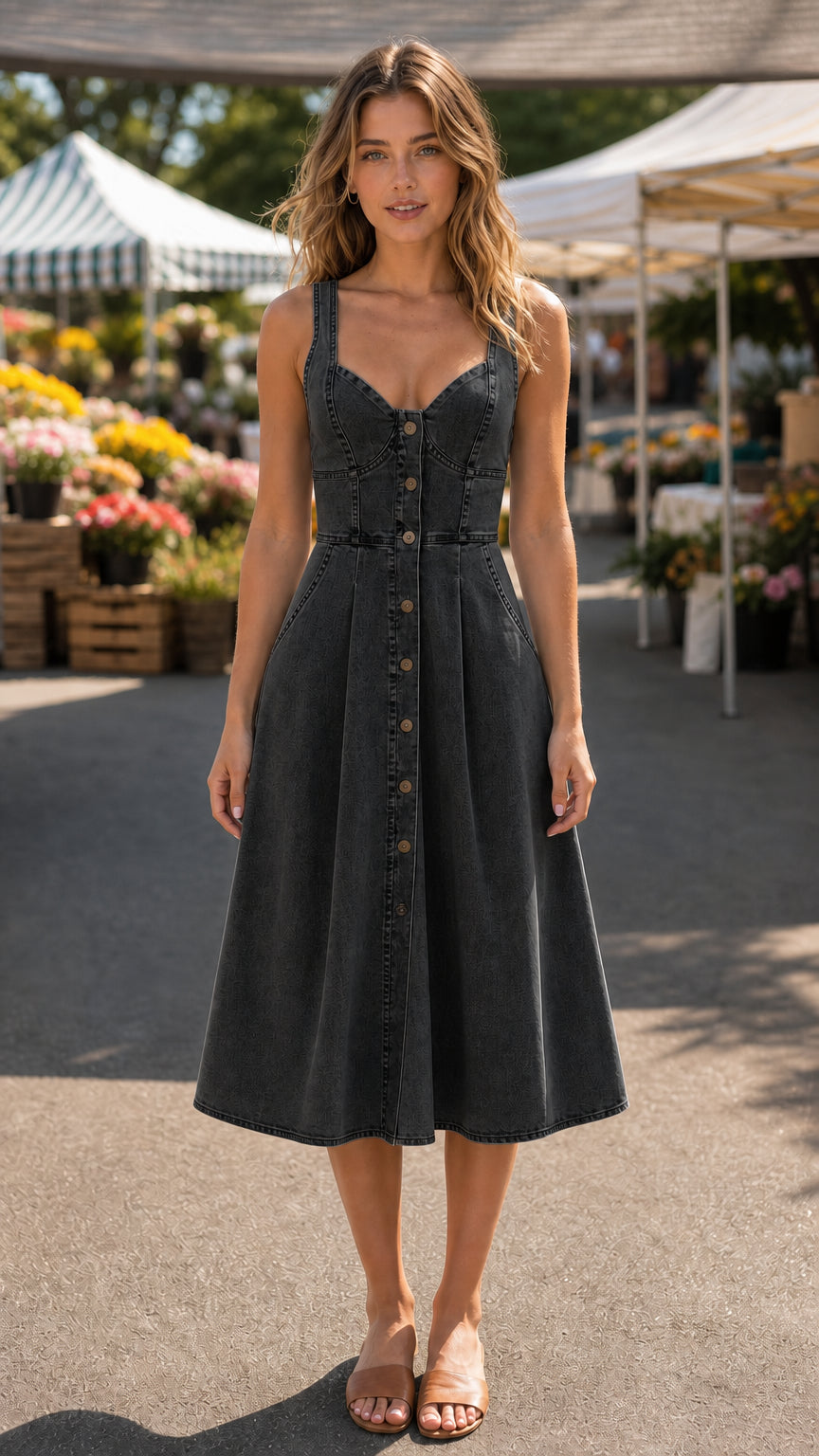 Dark charcoal denim midi dress on model