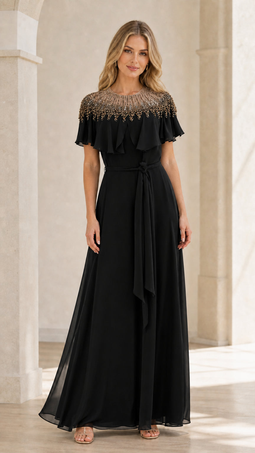 Front view of black beaded capelet maxi dress