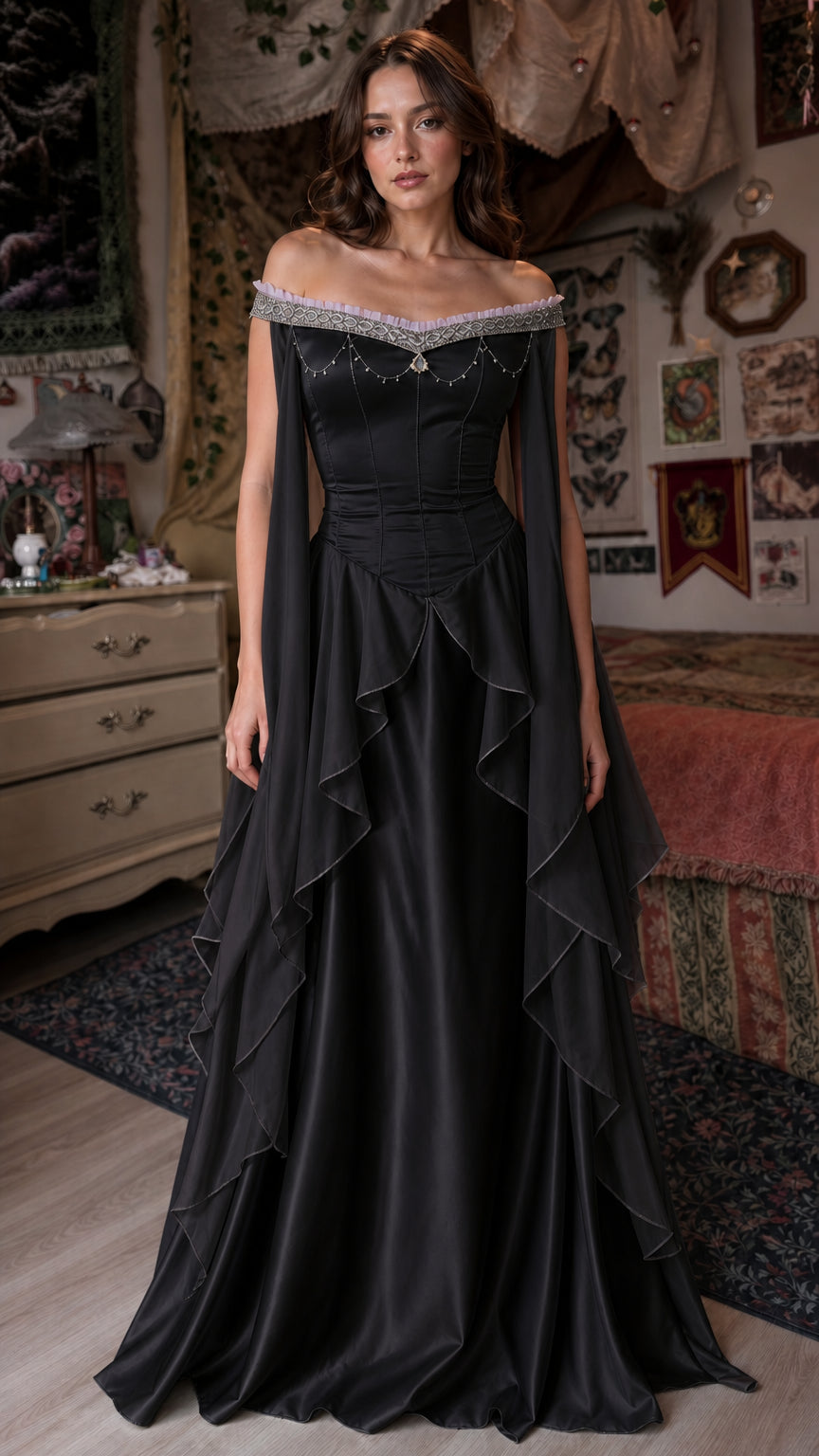 Front view of black Renaissance off-shoulder maxi dress